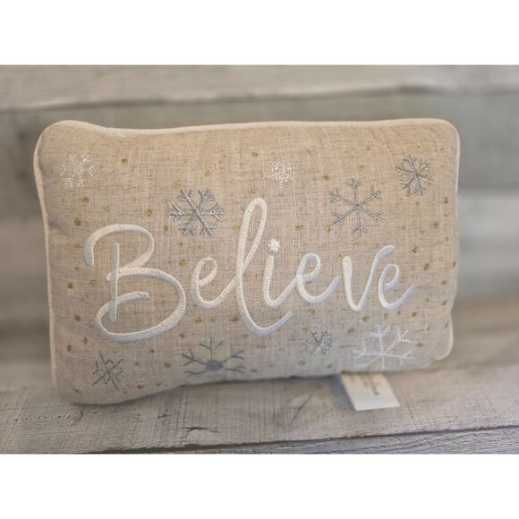 St. Nicholas Square Other - St. Nicholas Square Believe Decorative Pillow Beige Snowflakes Gold Dots 12"x8"